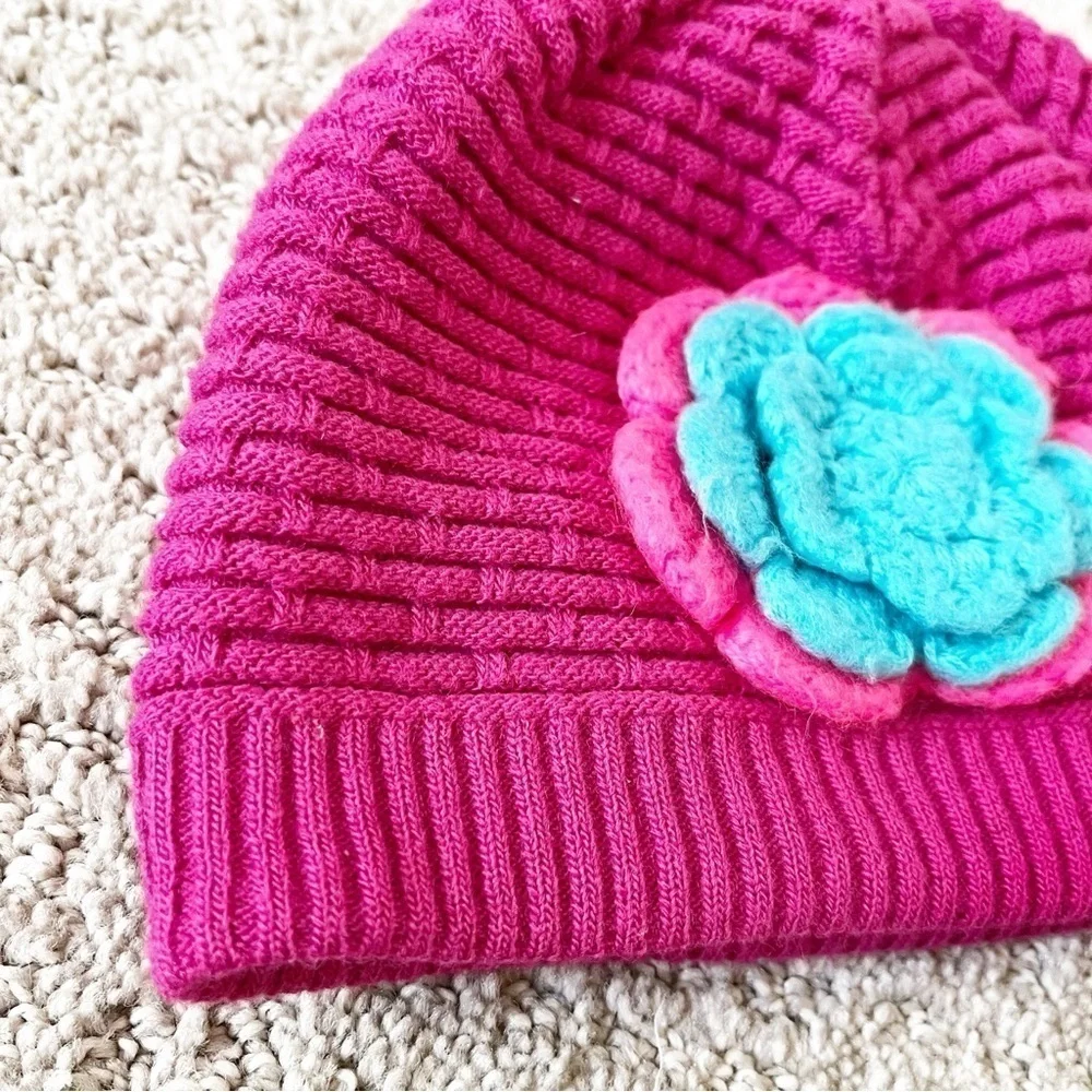 Spyder Bitsy Rosie Hat Girls Beanie OS Pink Blue Flower Knit Fleece Fall Winter